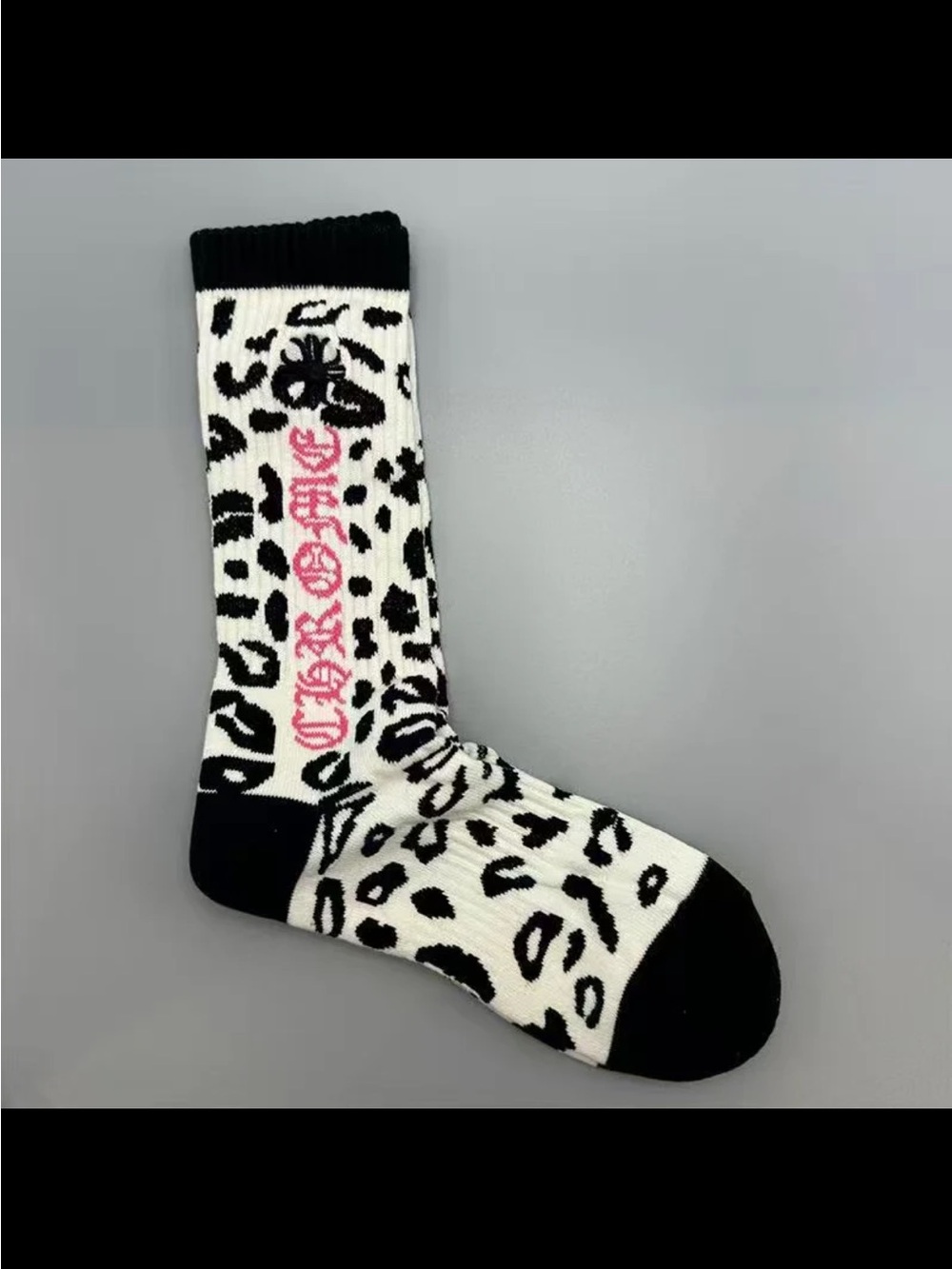 Chrome Hearts Black and Cream Leopard Crew Sock with Pink Logo